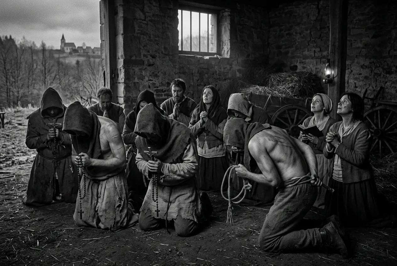 Historical artwork showing flagellants and lay piety during the bubonic plague