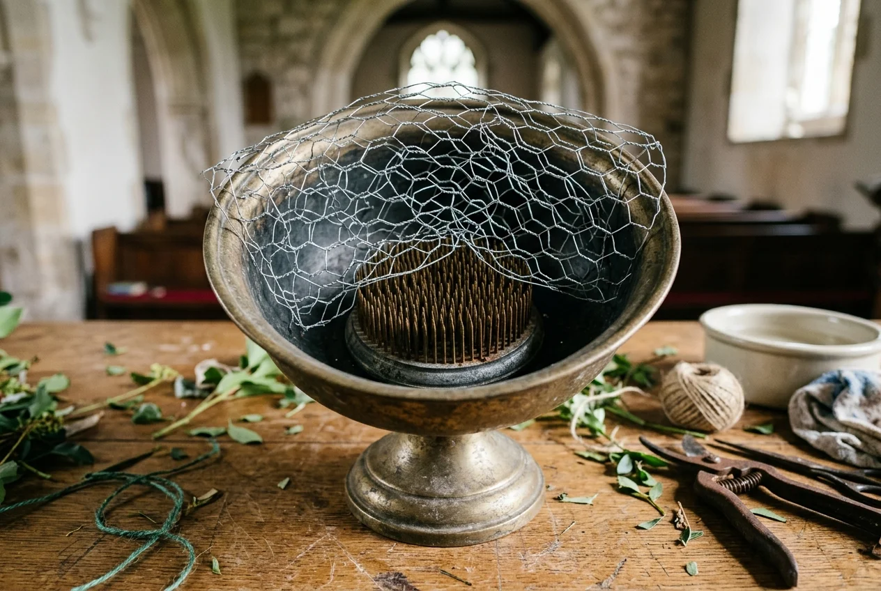 How to Make Flower Arragment for Chuch Alter with White and Green Flowers for Funeral (Foam-Free Guide) 3 Sustainable foam free mechanics using chicken wire and floral frogs for church altar