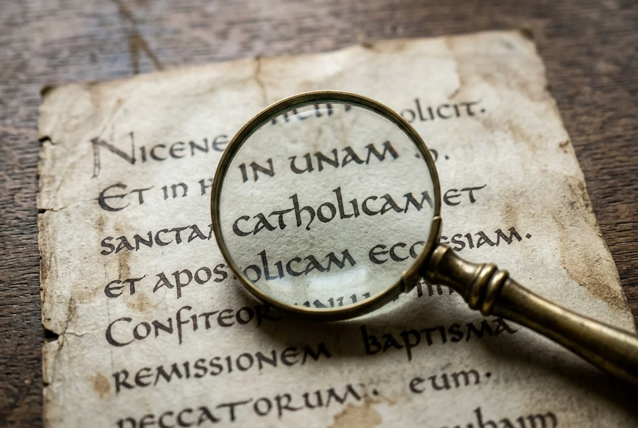 Are Churches Catholic? The Surprising Truth About the 'Universal' Church 4 Historical document showing the Nicene Creed and the word catholic - detail