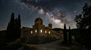 Observatory under starry sky representing Catholic inquiry into creation (AI Generated Image)