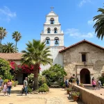 San Diego Diocese Guide — Parishes, Bishop and Ministries | SD Catholic 3 Exterior bell tower of Mission Basilica San Diego de Alcala in the Diocese of San Diego (AI Generated Image)
