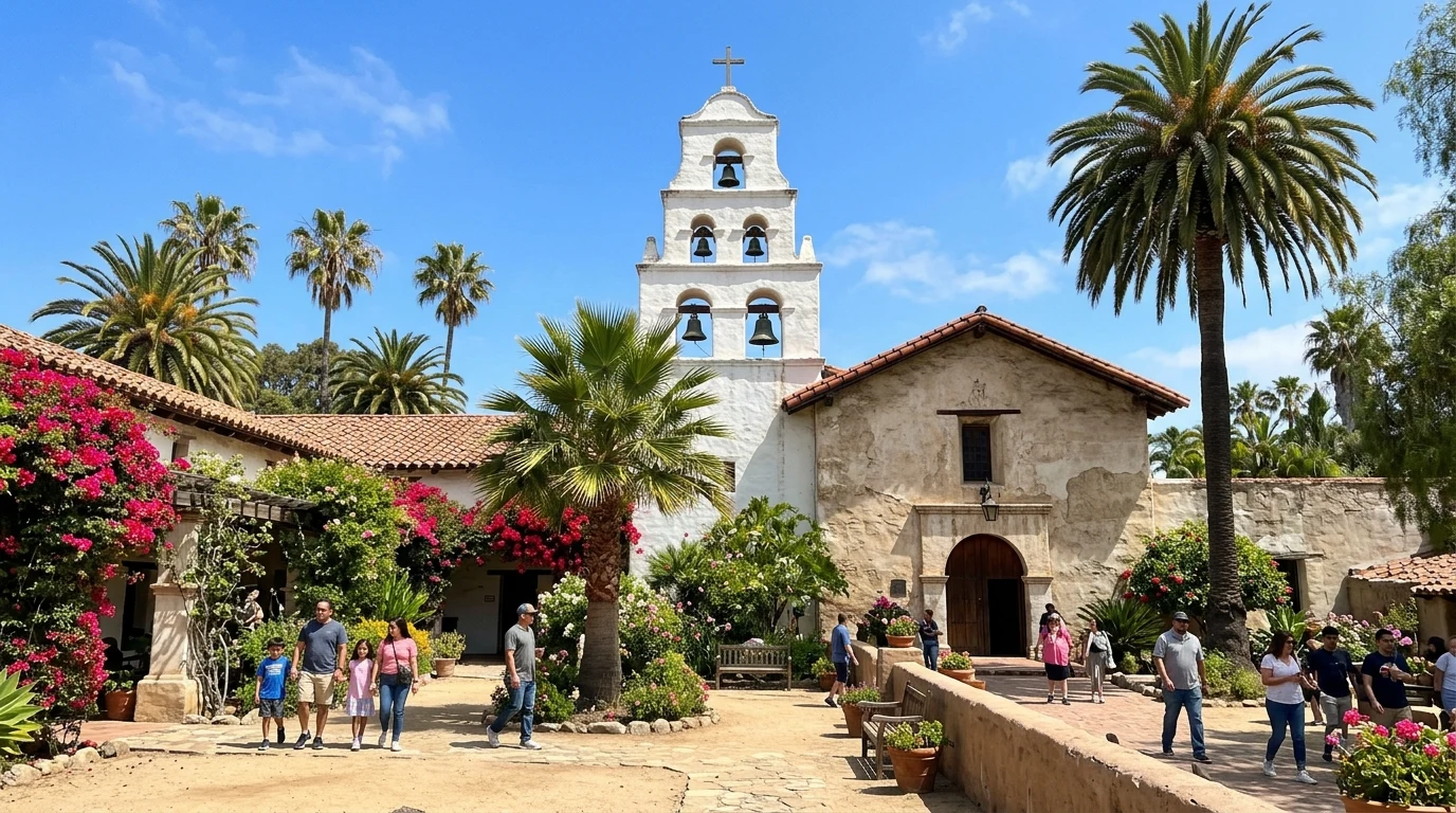 San Diego Diocese Guide — Parishes, Bishop and Ministries | SD Catholic 1 Exterior bell tower of Mission Basilica San Diego de Alcala in the Diocese of San Diego (AI Generated Image)