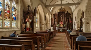 Sanctuary and nave of Saint Jerome Catholic Church with altar and stained glass windows (AI Generated Image)