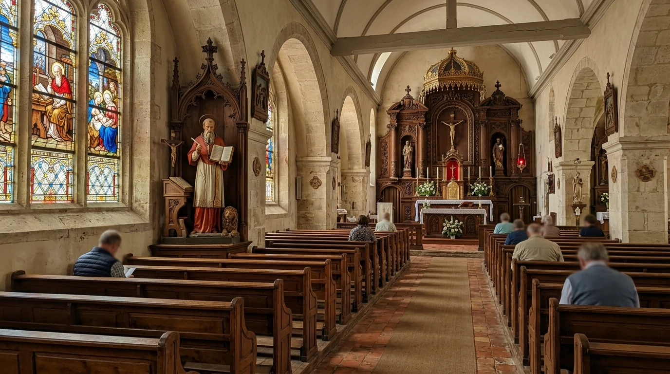 Saint Jerome Catholic Church — History, Parish Life and Patron Saint 1 Sanctuary and nave of Saint Jerome Catholic Church with altar and stained glass windows (AI Generated Image)