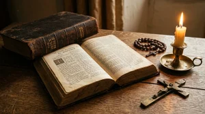The Sacrament of Holy Orders — Deacons, Priests and Bishops Explained 4 Vintage Catholic Bible open on table with rosary and candle (AI Generated Image)