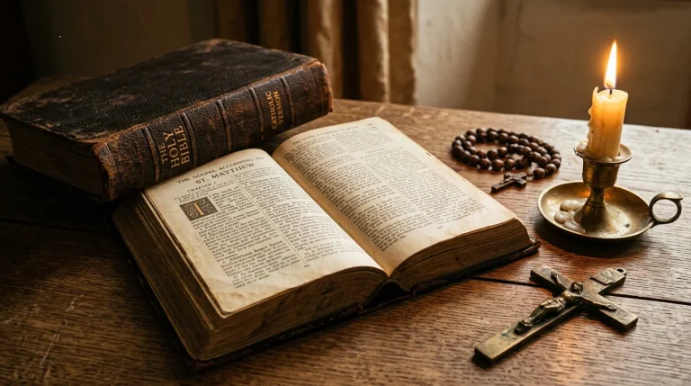 Vintage Catholic Bible open on table with rosary and candle (AI Generated Image)
