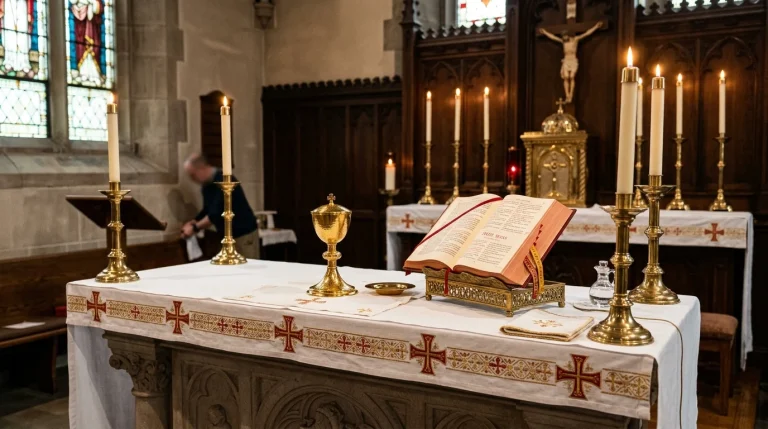 Understanding the Meaning of Sacred Sacraments: Spiritual Significance and Grace 1 Catholic Church Altar with Golden Chalice and Open Lectionary for Sacred Sacraments