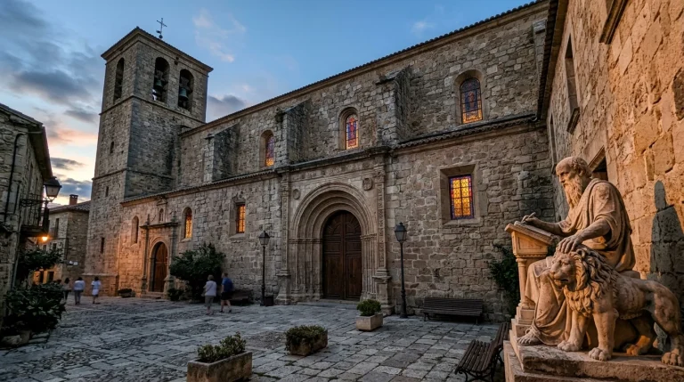 Stone facade and courtyard statue of Saint Jerome with friendly lion outside historic church