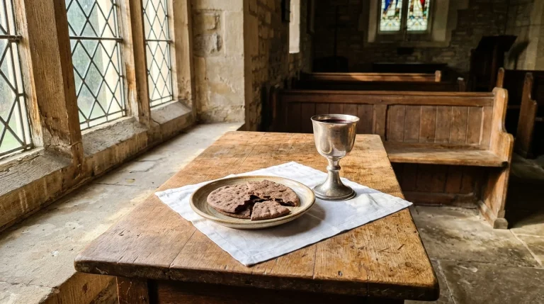 Sacrament Meaning Simple: Spiritual Purpose and Daily Grace Explained 1 Eucharistic unleavened host and silver communion chalice on wooden church table
