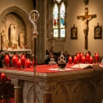 Bishop administering Catholic Confirmation with Sacred Chrism on Altar