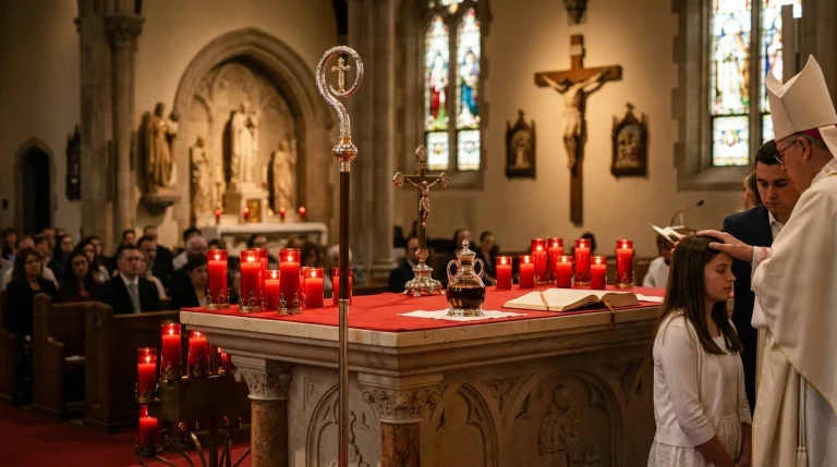 Catholic Confirmation Explained: Sacramental Meaning, Rituals, and Spiritual Gifts 1 Bishop administering Catholic Confirmation with Sacred Chrism on Altar
