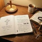 Open Bible prayer journal and rosary on wooden study desk for Catholic theology digest