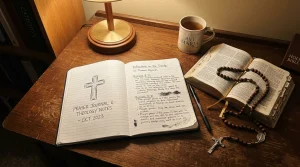 Tom's Digest: Catholic Faith, Liturgical Wisdom, and Spiritual Reflection 5 Open Bible prayer journal and rosary on wooden study desk for Catholic theology digest