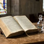 What Does Sacrament Mean in the Bible? Scriptural Roots of Divine Grace 3 Open Holy Bible Gospels resting with bread and water cruet on church altar table