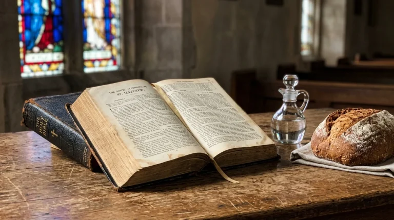 What Does Sacrament Mean in the Bible? Scriptural Roots of Divine Grace 1 Open Holy Bible Gospels resting with bread and water cruet on church altar table