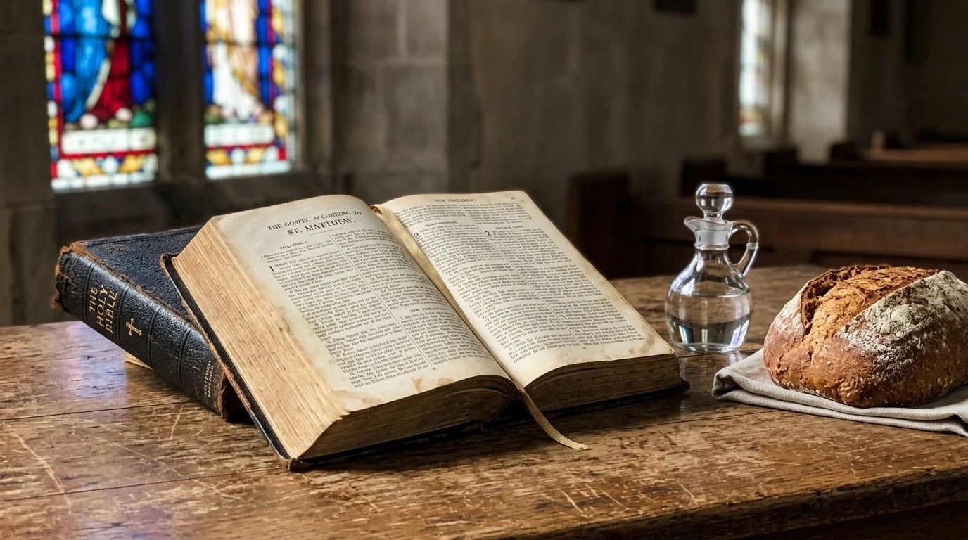 Open Holy Bible Gospels resting with bread and water cruet on church altar table (AI Generated Image)