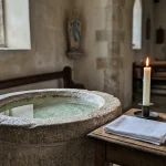 Sacrament Definition Simple: Complete Catholic Guide in Plain Words 2 Stone baptismal font with pure holy water and burning candle in Catholic church