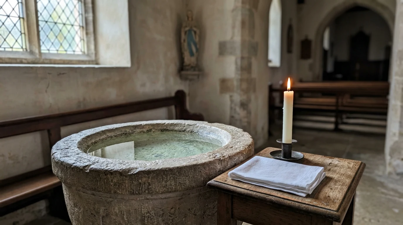 Sacrament Definition Simple: Complete Catholic Guide in Plain Words 1 Stone baptismal font with pure holy water and burning candle in Catholic church (AI Generated Image)